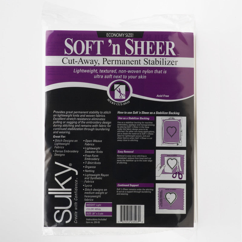 Sulky Soft N Sheer 20" x 3yd Cut Away Permanent Light Weight Stabilizer White 235-03