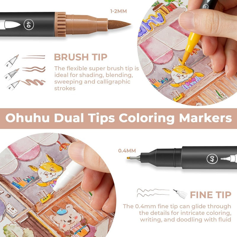 Ohuhu Maui 160ct Brush/Fineliner Dual Tip Water Based Color Markers with Black Marker Holder Y30-80600-45