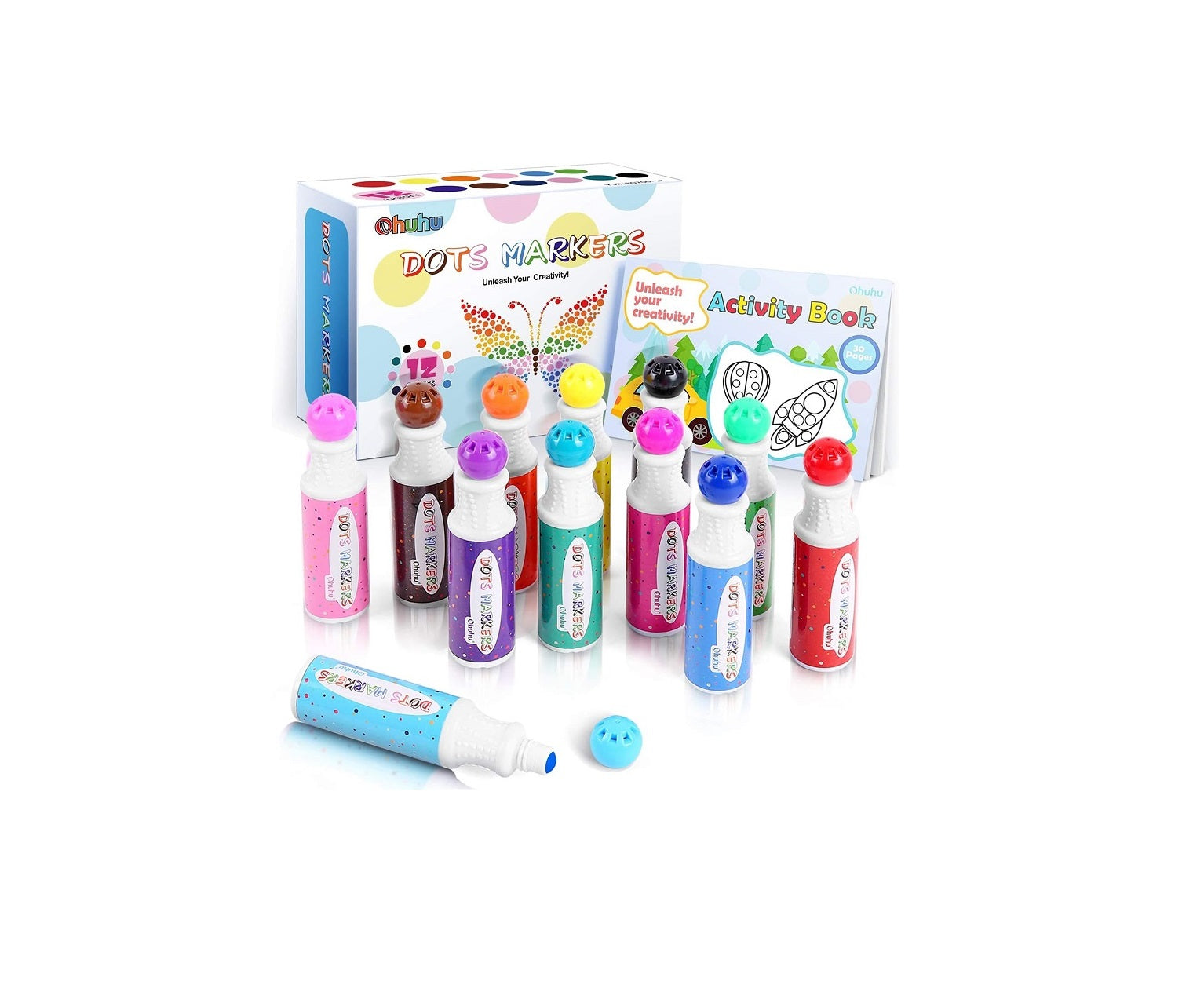 Ohuhu 12ct 40ml Dot Marker Bingo Daubers with 30 Page Activity Book Y30-80700-13