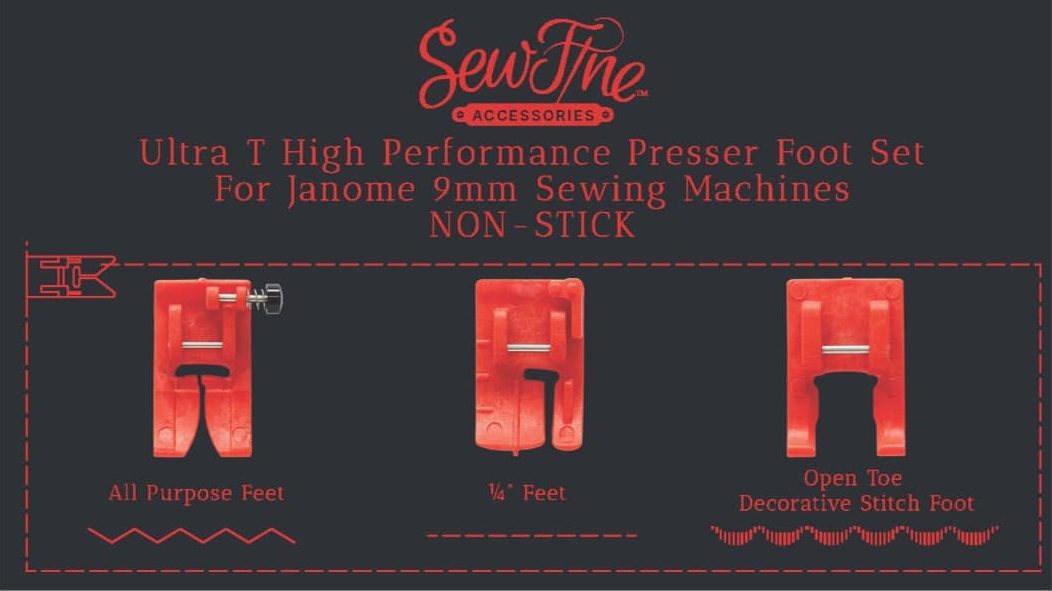 SewFine 3pc Ultra T High Performance Presser Foot Set for Brother / BabyLock and Janome 9mm Machines