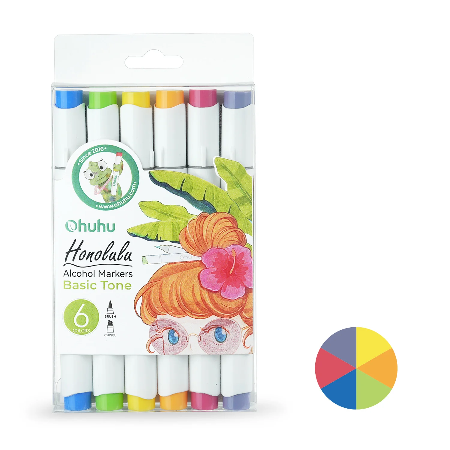 Ohuhu Honolulu 6ct Basic Color Brush/Chisel Dual Tip Alcohol Markers Y30-80403-51