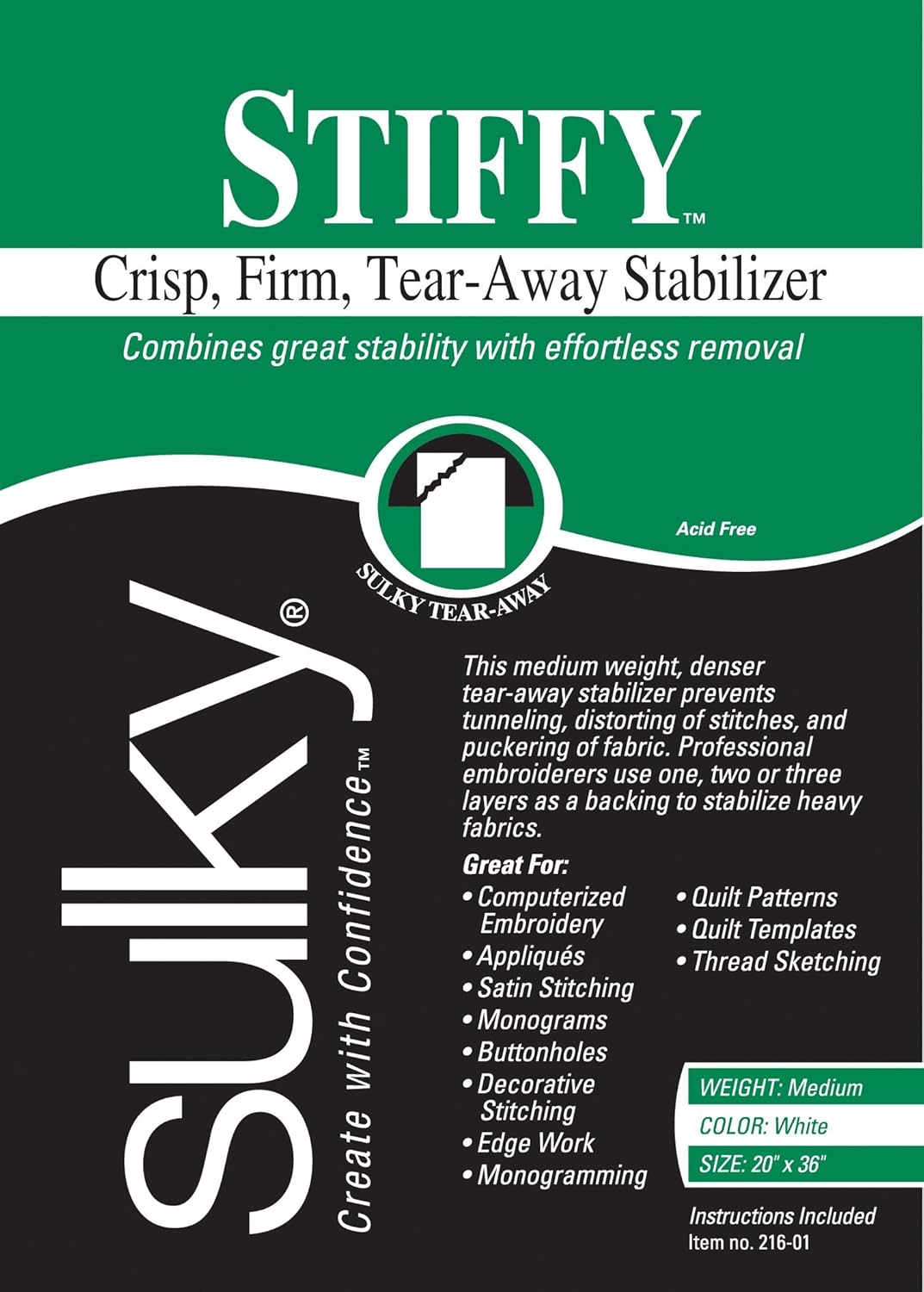 Sulky Stiffy 20" x 1yd Firm Tear-Easy Medium Weight Tear Away Stabilizer White 216-01